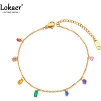 Lokaer Fashion Colorful Cubic Zirconia Stainless Steel Anklet For Women Waterproof Gold Color Chain Zircon Trendy Jewelry A24003