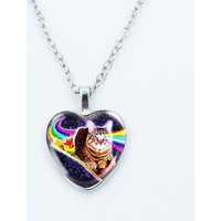 Cute Funny Rainbow Alien Cat Heart Pendant Necklace Animal Shape Art Photo Glass Cabochon Jewelry Children's And Women's