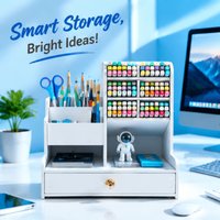 Single Drawer 10-Grid White Stationery Organizer, Space Saving Pen Holder, Desktop Storage Box for Students and Office Use