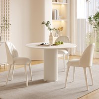 !@Cream Style Stainless Steel Round Dining Table Set 4 Seater Chair Combination Modern Roman Column Design Small-Sized Home Use