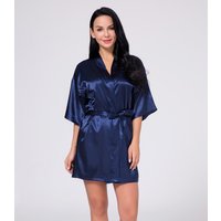 Women Navy Blue Satin Robe Short Kimono Bathrobe V Neck Half Sleeve Silk Sleepwear Wedding Bridesmaid Robes Night Gown