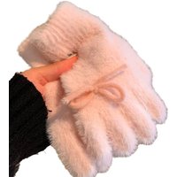 AliExpress Milk Blue Milk Powder Plush Knitted Gloves Women's Winter Cute Bow Thickened Finger Antifreeze Student Cycling Warmth