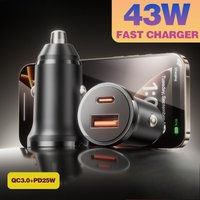 43W 2 Ports mini Car Charger Super Fast Charging QC3.0/PD20W/PD25W Car Cigarette Lighter Flash Charge For IPHONE/HUAWEI/XIAOMI