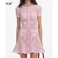 VGH Knitted Two Piece Set for Women O Neck Spliced Beading Short Sleeve High Waist Mini Dress with Sling Solid Outfit Female New