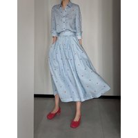 Spring Fashion Dopaamine Blue Polka Dot Long Sleeve Shirt High Waist Skirt Set Women's Elegant Ageless Outfit Ensemble