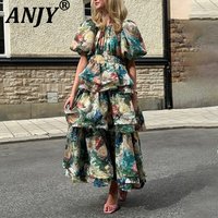 ANJY Summer New Women Elegant Stylish High-End Multi-Layered Ruffle Print Long Dress Trend Fashion Waist-Slimming Dresses A20036