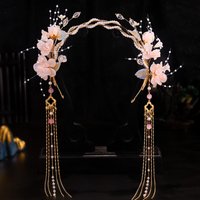 Light Pink Flower Headbands Pearls Chain Tassel Pendant Hairbands Floral Hair Hoop Retro Chinese Hanfu Dress Hair Jewelry