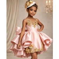 Elagant Flower Girl Dresses for Wedding Satin Sleeveless with Bow Applique Knee Lenght Kids First Communion Gowns Custom