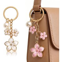 Cute Flower Charms Keychain With Pearl Metal Key Holder Handbag Decor Accessories Girls Birthday Party Gifts