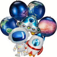 7-Piece Galaxy Space Aluminum Foil Balloons, Large Outer Space Balloons, Inflatable Rocket Astronaut Earth Spaceship Balloons, Space-Themed for Galaxy Birthday Party