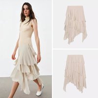 Elegant Layered Decorative Skirt Smooth Flowing New Spring Women's Fashion Middle Waist Design Comfortable Fit Gown