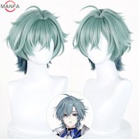 Genshin Impact Lohen Cosplay Wig Light Green and Blue Mix Short wig Heat Resistant Synthetic Anime Wigs + Wig Cap
