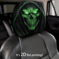 1 pc hooded Grim Reaper green glowing skull car headrest cover, 2D printed, elastic universal fit