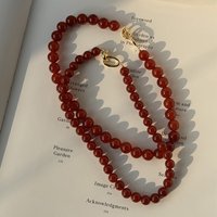 ZAKOL 8mm/10mm Korean Fashion Dark Red Agate Natural Stone Strand Beaded Necklace Sweater Chain Choker for Women