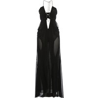 Kliou Ruched Elegant Gown Dress Woman Mesh Patchwork Luxury Chain Halter Backless Sleeveless Evening Prom Party Hipster Vestidos