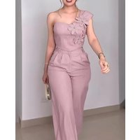 Two Piece Set Women Outfit Rhinestone 3D Floral Decor One Shoulder Sleeveless Shirred Back Top & High Waist Wide Leg Pants Set