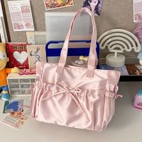 2026 Korean Style Fashion Tote Bag Large Capacity Cute Pink Sweet Female Handbag Elegant Bow Womens Shoulder Bag Nylon Pleated