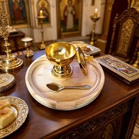 Gold Metal Orthodox Church Altar Set with Holy Oil Jar Spoon and Wood Tray Divine Liturgy Supplies Christian Religious Decor