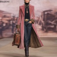 New Vintage Pink Velvet Long Trench Coat Women Leopard Lining Lapel Overcoat Western Style Fit Winter Outerwear Long Jacket Coat