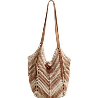 Summer New Women's Chevron Striped Woven Straw Tote Bag Crochet Shoulder Shopper Breathable Beach Bag with Leather Strap