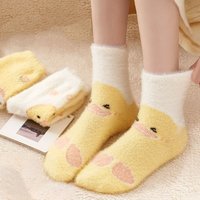 Small Yellow Duck Socks Women's Middle Tube Autumn Winter Cute Kawaii Fluffy Mink Velvet Home Floor Coral Velvet Sleeping Socks