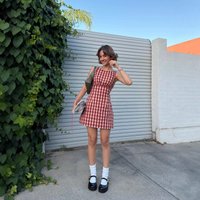 Fresh and Simple Round-neck Checkered A-line Short Skirt Fashionable Women's Waist-cinching Short Dress Sleeveless and Slimming