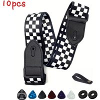 10pcs Guitar Shoulder Strap, Black and White Squares Pattern Adjustable Guitar Shoulder Strap Includes 5 Guitar Picks and 1 Hold