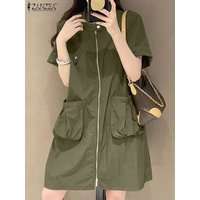 Fashion Solid Knee-length Sundress ZANZEA Stylish Cargo Dress Women Summer Short Sleeve Zipper Up Pockets Casual Party Vestido