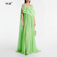 VGH Bright Green 3D Flower Accent Cape Sleeve Maxi Dress for Women Strapless Design Chiffon Skirt for Red Carpet Award Ceremony