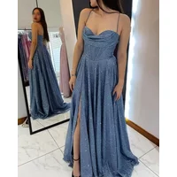 Cowl Neck Side Slit Prom Dresses for Teens A Line Sparkly Tulle Formal Evening Gowns Formal Dress Women Elegant Party Dress