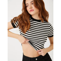 Summer Women's Striped Short Sleeve Double-Tone Color Block Top Fashionable Casual Print Blouse for Warm Weather