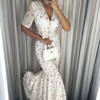 Elegant Women Floral Print 2 Piece Set Chic Summer V-Neck Short Sleeve Crop Top + Bodycon Mermaid Maxi Skirt Party Outfits