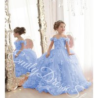 Customized Sky Blue Flower Girl Dress For Wedding Tulle Applqique Luxury Puffy Princess Kids Birthday First Communion Ball Gown