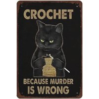 Vintage Black Cat Metal Plaque Poster Crochet Because Murder Is Wrong Retro Metal Tin Sign Plaque Wall Decor Gift For Bathr sign