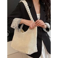 Solid Color Knitted Shoulder Bag Large Capacity Hollow Out Crochet Mesh Tote Bag Spacious Bohemian Style Woven Handbag Beach