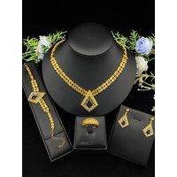 JRH Gold Plated Brass Jewelry Set Lightweight Adjustable Sparkling Zircon Necklace Earrings Bracelet Ring for Women