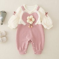 New Spring and Autumn Girls' Sweet and Stylish Baby Romper 3D Flower Decoration Mesh Double Layered Puff Sleeves with Bows