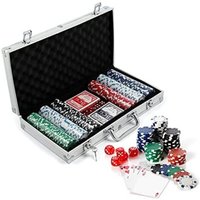 Ensemble complet de poker - Boîte en métal - 300 jetons de 11,5 g sans numéros + 2 jeux de cartes, 3 jetons de croupier, 5 dés - Boîte de jeu de poker
