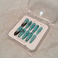 Box set of 10 oval handmade French style wearable nails, sparkling diamond star bow blue full set of fake nails