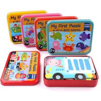 Iron Box 3D Wooden Puzzle Cartoon Animal Traffic Educational Toy Montessori Early Learning Jigsaw Gift For Baby Toddler Children