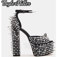 Punk Silver Rivets Platform Heeled Sandals Block Heel Women Gothic Rock Buckle Strap High Heels Designer Luxury Hot Girls Shoes