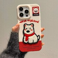 Luxury Bear Dog penguin embroidery leather Soft Case protection for iPhone 17 16 15 13 12 11 14 Pro Max XS XR 7 8 Plus X Coque