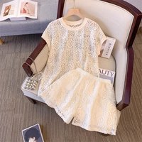 Shorts Outfits 2 Piece Sets Women Clothes Short Sleeve Loose Tshirts Casual Wide Leg Shorts Suit Hollow Out Lace Chic Summer Set