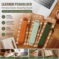 Portable PU Leather Zipper Pen Pouch Adjustable Elastic Book Strap Pen Holder Notebook Accessory Stationery Storage Bag