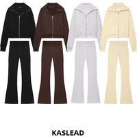 KASLEAD Women's Fashion Set High Waist Long Pants Fluffy Zipper Collar Jacket Summer Warmth Style Two-Piece Suit Chinese Origin