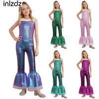 Girls Mermaid Party Rompers Sleeveless Metallic Fish Scales Print Flared Mermaid Jumpsuit for Halloween Mermaid Cosplay Costumes