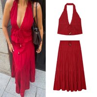 Women's Halter Top & Tiered Skirt Set - Solid Color Pleated Design, Summer Boho Style, 2026 New