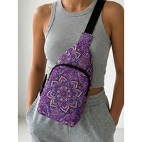 Purple Mandala Floral Print Sling Bag Adjustable Strap Chest Crossbody Bag For Travel Sports Daily Outing