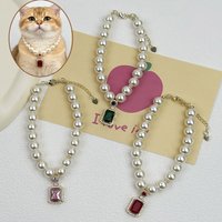 Pet Pearl Necklace Light Luxury Water Diamond Square Pendant Dog Collar Accessories Cat Cute Pet Pearl Necklace Neck Accessories