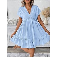Dress, European & American Clean Fit Relaxed Style, Textured Ruffle Vibe, 2026 Summer New V-Neck Short Sleeve Solid Loose Tiered